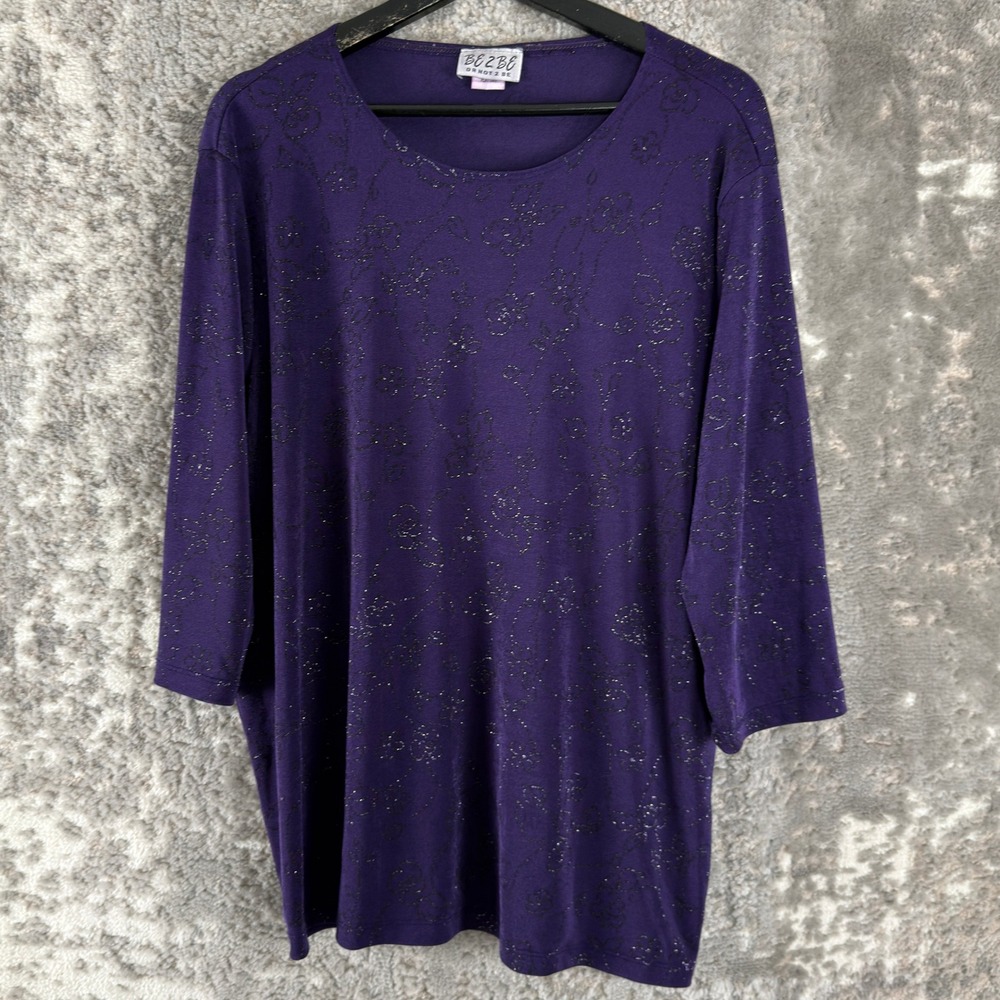 Be 2 Be or Not 2 Be Plus Size 2X Glitter Floral Knit Top Purple 3/4 Sleeve Women